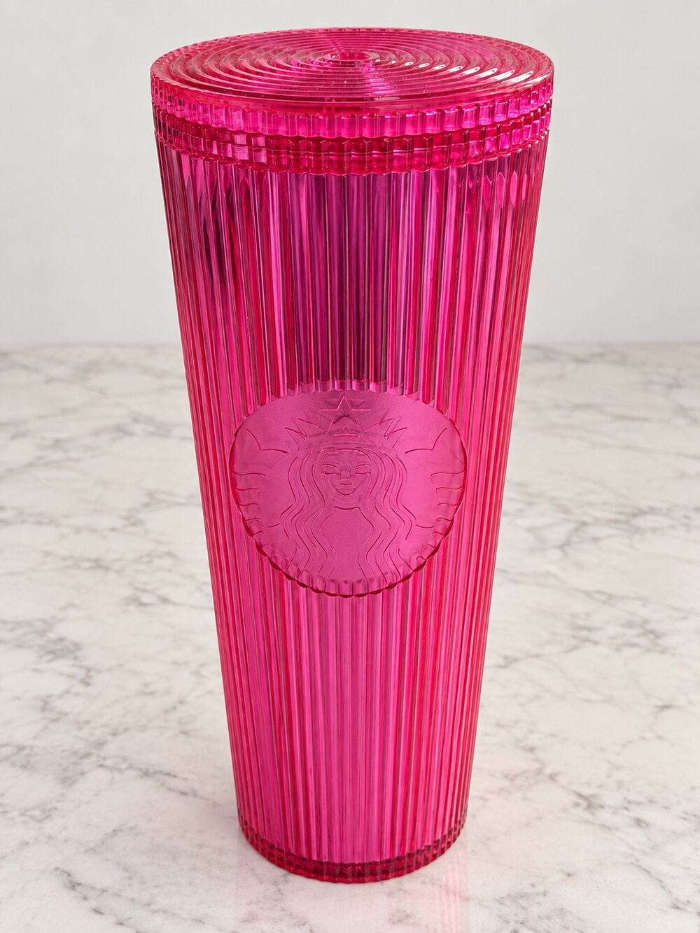 Starbucks 2023 Neon Magenta Pink Pleated Ribbed Tumbler 24 Oz Venti Cold Cup